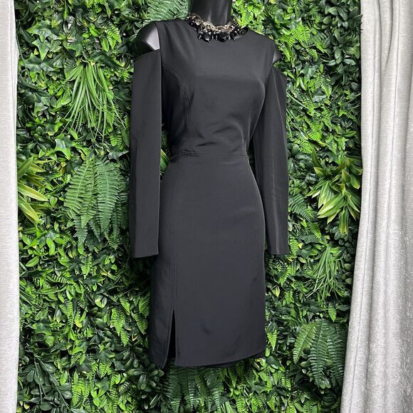 AIDAN MATTOX Dress Women 10 Black Cold Shoulder Sheath Front Split 1966 - Picture 5 of 10